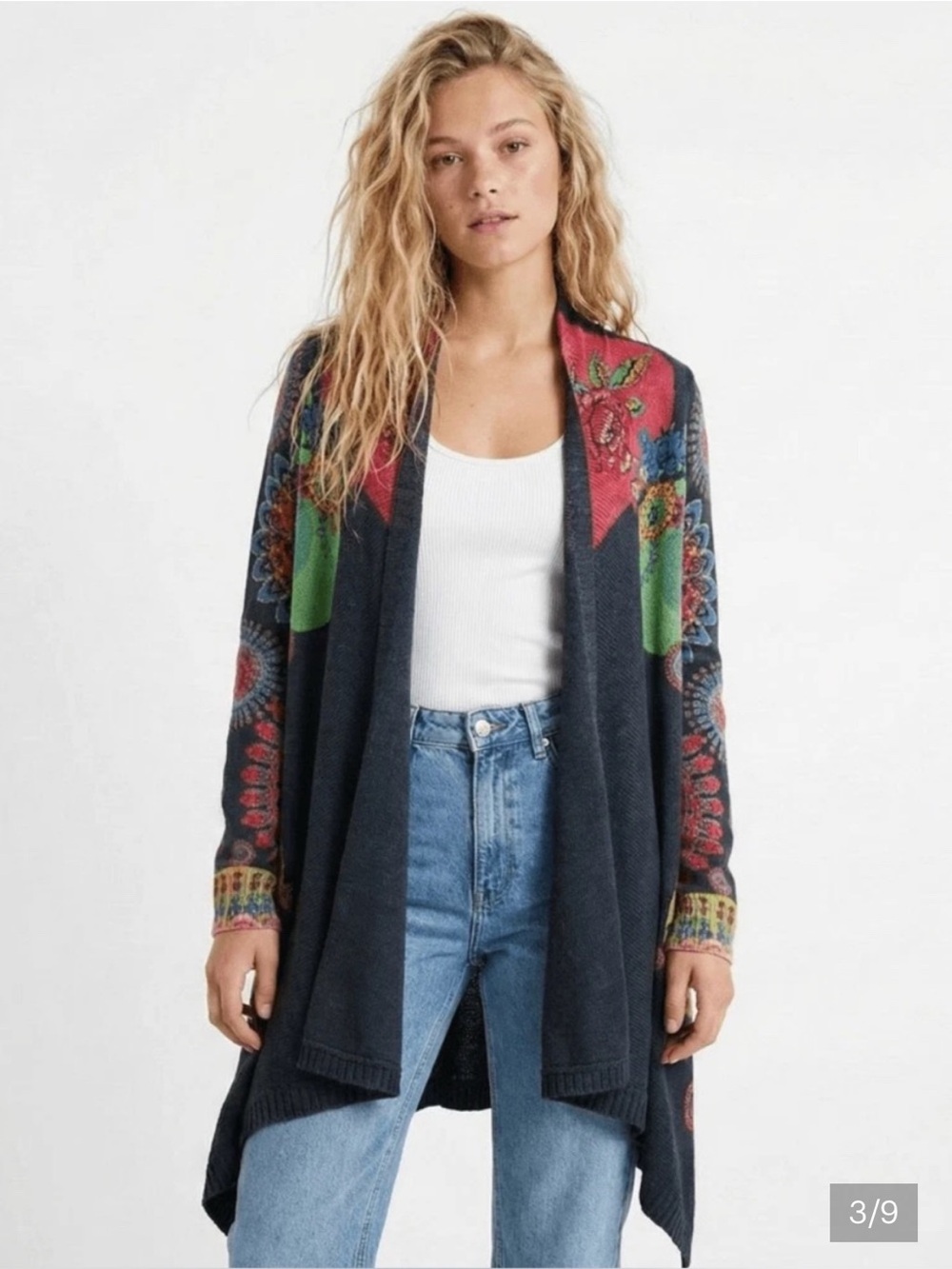 Desigual Tricot Devorah Floral Mandala Open Front Cardigan Gray Pink L